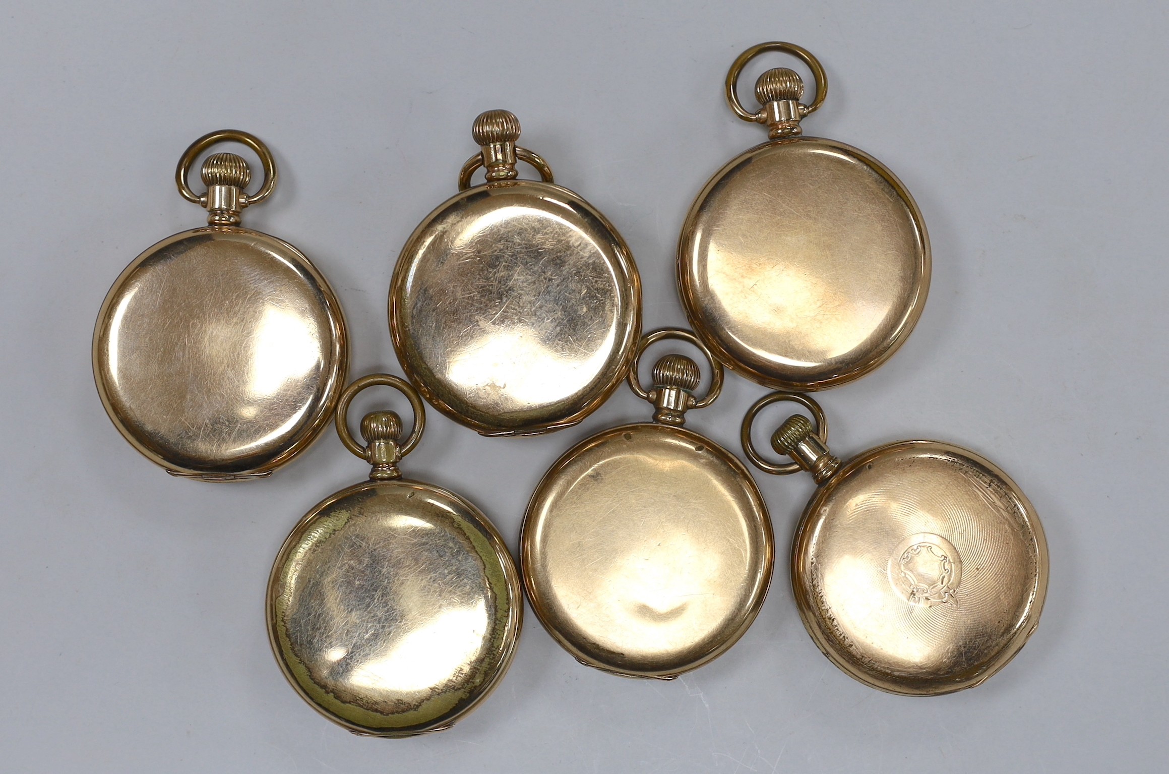 Six assorted mainly early 20th century gold plated open face or half hunter pocket watches including Waltham (2) and Lancashire Watch Co.